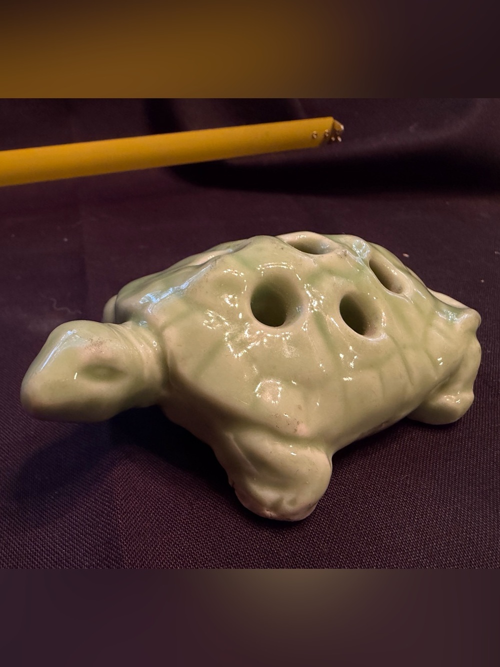 Vintage Japanese Ceramic Turtle Flower Frog Pale Green 7 Hole Figural Frog Japan